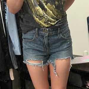 MId Rise Distress Jean Shorts